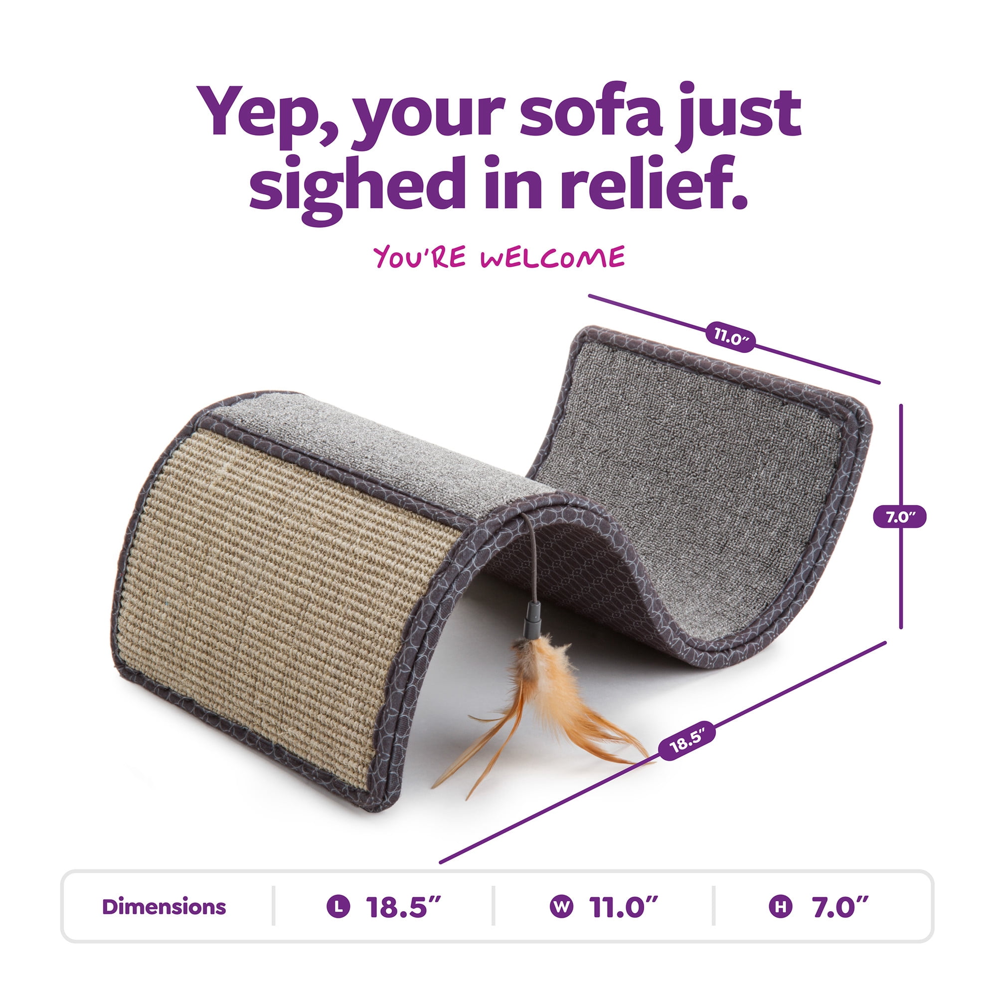 SmartyKat Scratch Scroll Sisal & Carpet Curled Cat Scratcher for Indoor Cats & Kittens, Features Feather Toy for Play, Looped Carpet Material, Gray