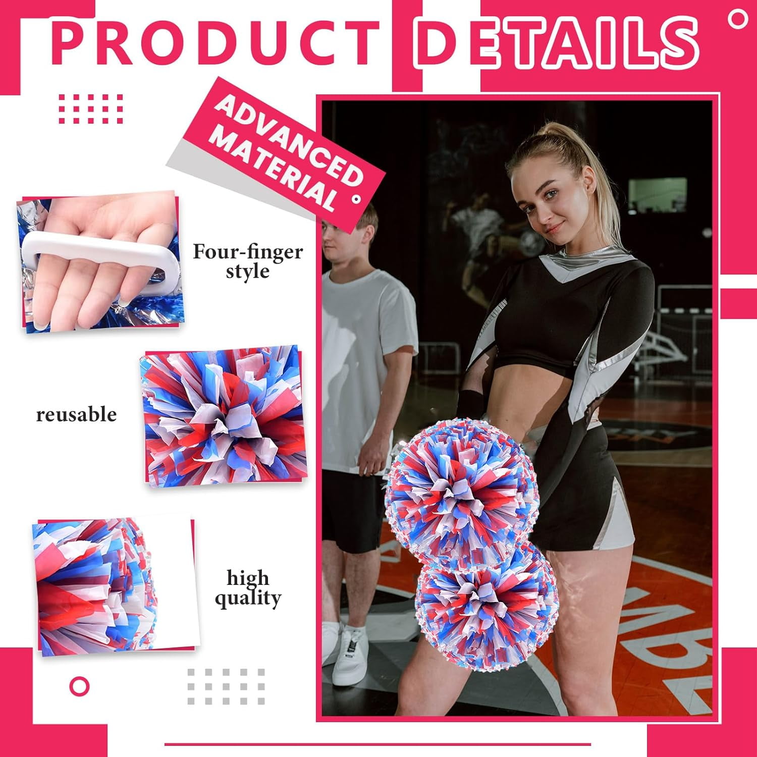 20 Pack Cheerleading pom poms,Cheer pom poms Sports Dance Cheer Plastic Pom Poms Cheerleading for Sports Team Spirit Cheering (Blue+Pink+White)