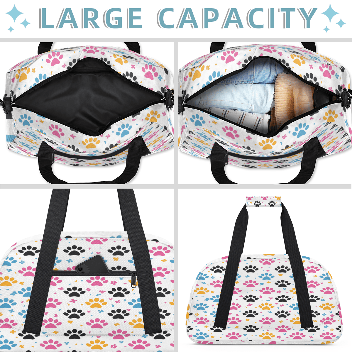 Herdesigns Paw Print Sports Duffle Bag for Women & Men, Gym Bag Dance Bag Overnight Bag Carry On Weekender Travel Bag
