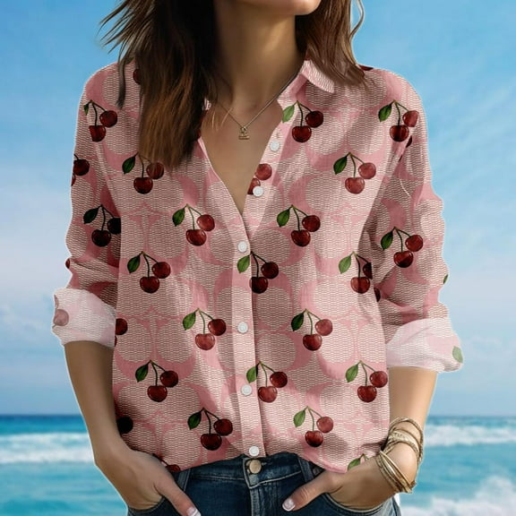 Cherry Print Blouse Shirt, Cute Summer Women Shirt, Pink Fruit Graphic Long Sleeve Shirt, Casual Retro Aesthetic Shirt, Gift For Her,Button Up Shirt,Blouses Tops Women
