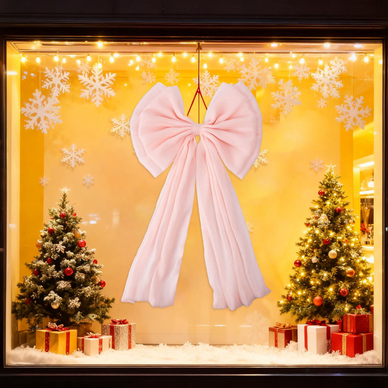 Pink Christmas Bow With Double Layer And Flowing Tails For Festive Display Chiffon Material Hanging Ornament For Tree Or Door