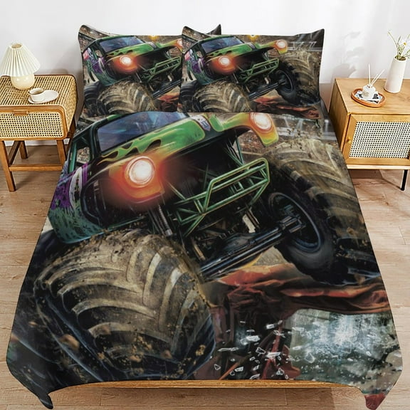 All Season 3-Piece Bedding Comforter Set Monster Truck Jam Duvet Cover with 2 Pillowcase 79"x90"