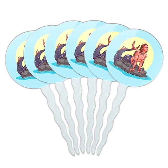 Merman Male Mermaid Basking On Rock Cupcake Picks Toppers Decoration Set of 6