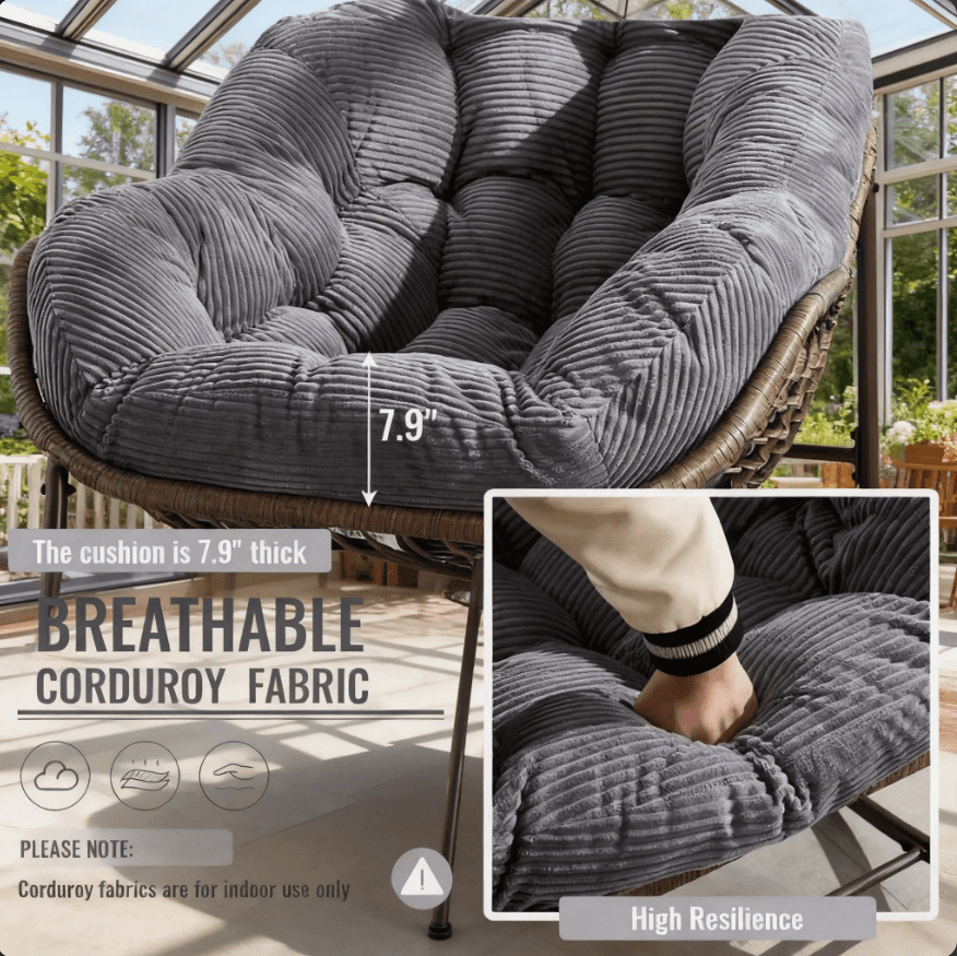 Outdoor Rocking Chair, Wicker Egg Rocking Chair Rattan Papasan Rocker with Thick Cushion