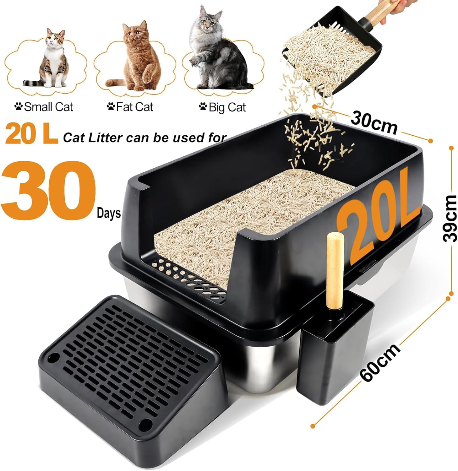 Kalolary Stainless Steel Cat Litter Box with Lid, Removable Metal Tray for Large Cats, Top Entry, High-Sided Enclosure, Scoop, Pedal, Anti-Leakage, Non-Sticky, Easy Cleaning (Black)