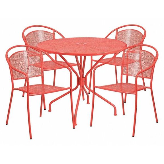Flash Furniture Commercial Grade 35.25" Round Coral Indoor-Outdoor Steel Patio Table Set with 4 Round Back Chairs