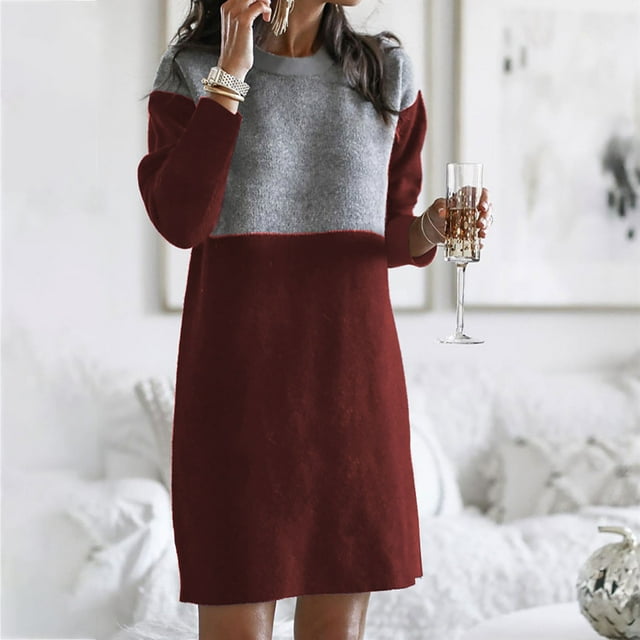 Gspmoly Robes Grande Taille pour Femmes aux Formes, Mode Femmes Été Décontracté Ample Manches Longues Uni à Empiècements Robe Patchwork Robes de Cocktail pour Femmes jusqu'à 70 % de Rabais