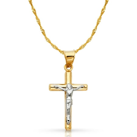 - 14K Two Tone Gold Jesus Crucifix Cross Pendant with 1.2mm Singapore Chain Chain Necklace