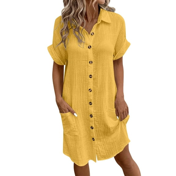 Mohiass T Shirt Dresses for Women 2024 Summer Button Down Short Sleeve Dresses Casual Midi Shirt Dress with Pockets Yellow M