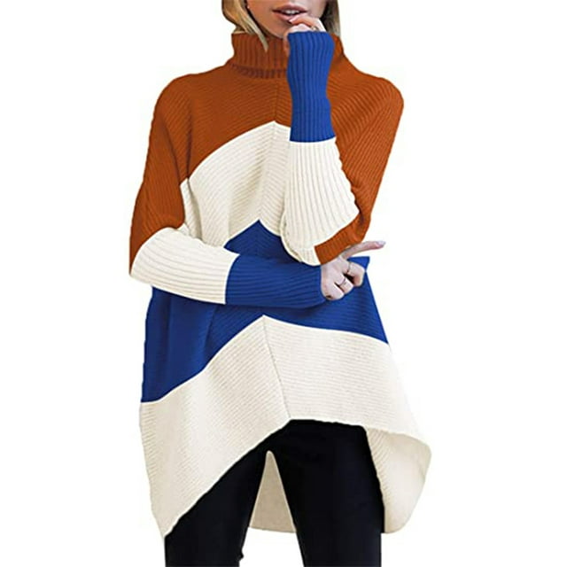 FOCUSNORM Women Solid/Contrast Color Sweater Bat Sleeve Irregular Hem Pullover