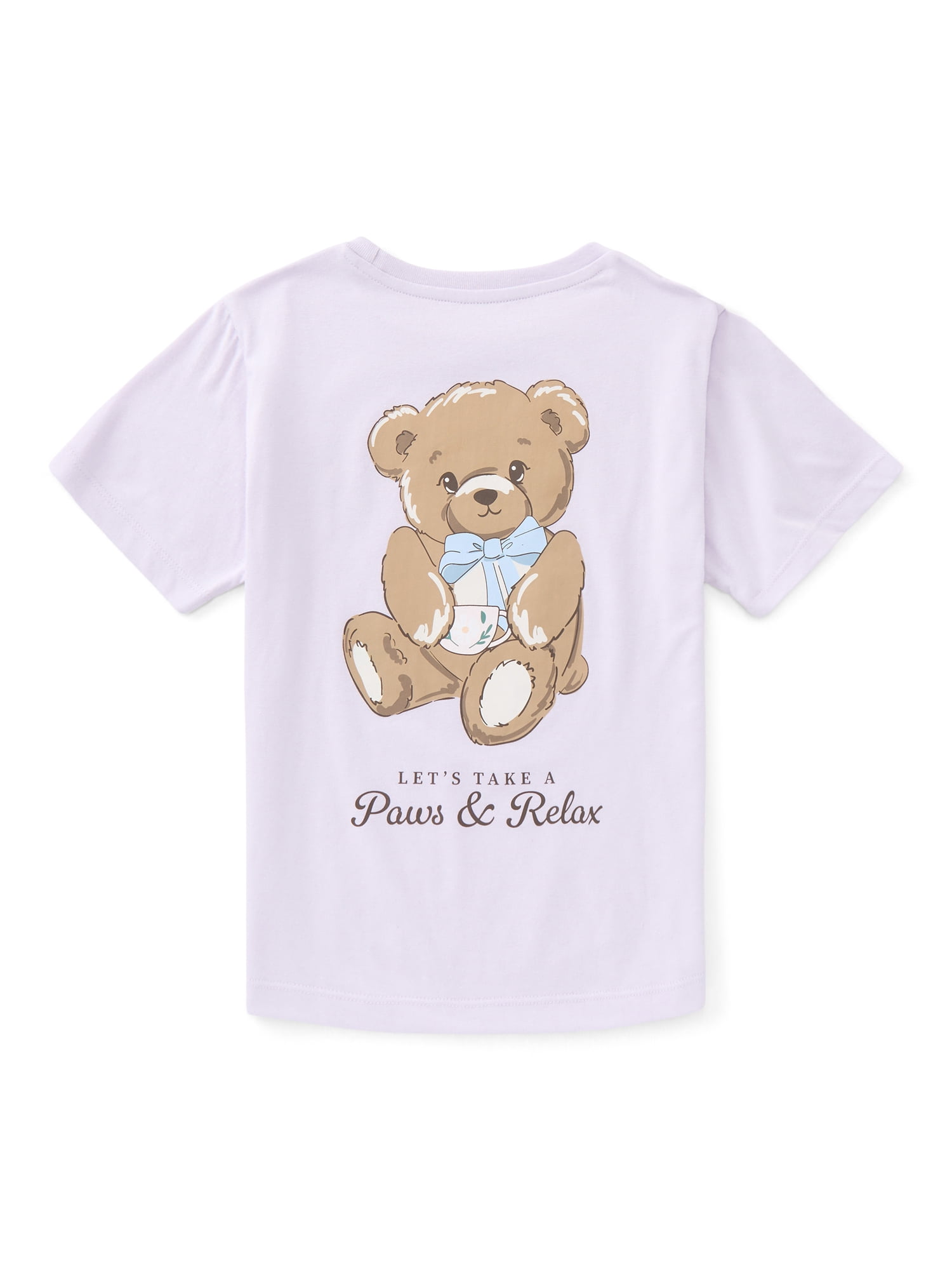 Wonder Nation Girls Teddy Bear Front Back Graphic Tee with Short Sleeves, Sizes 4-18