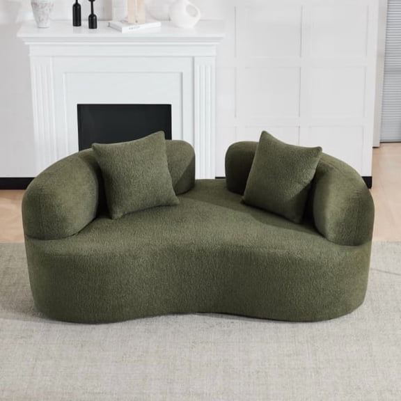 66.93 Inch Curved Loveseat Green Full Compression Sponge Sofa with 2 Pillows, Teddy Velvet Fabric, No-Assembly Compact Sofa for Small Spaces & Apartments, 350 lbs Capacity, Green