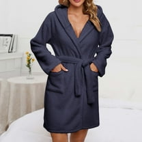 QUNYINEY Blue Womens Robes Fleece Short Solid Sleepwear Bathrobe Heavyweight Hooded Hooded Neck with Pocket Long Sleeve Belt Loungewear