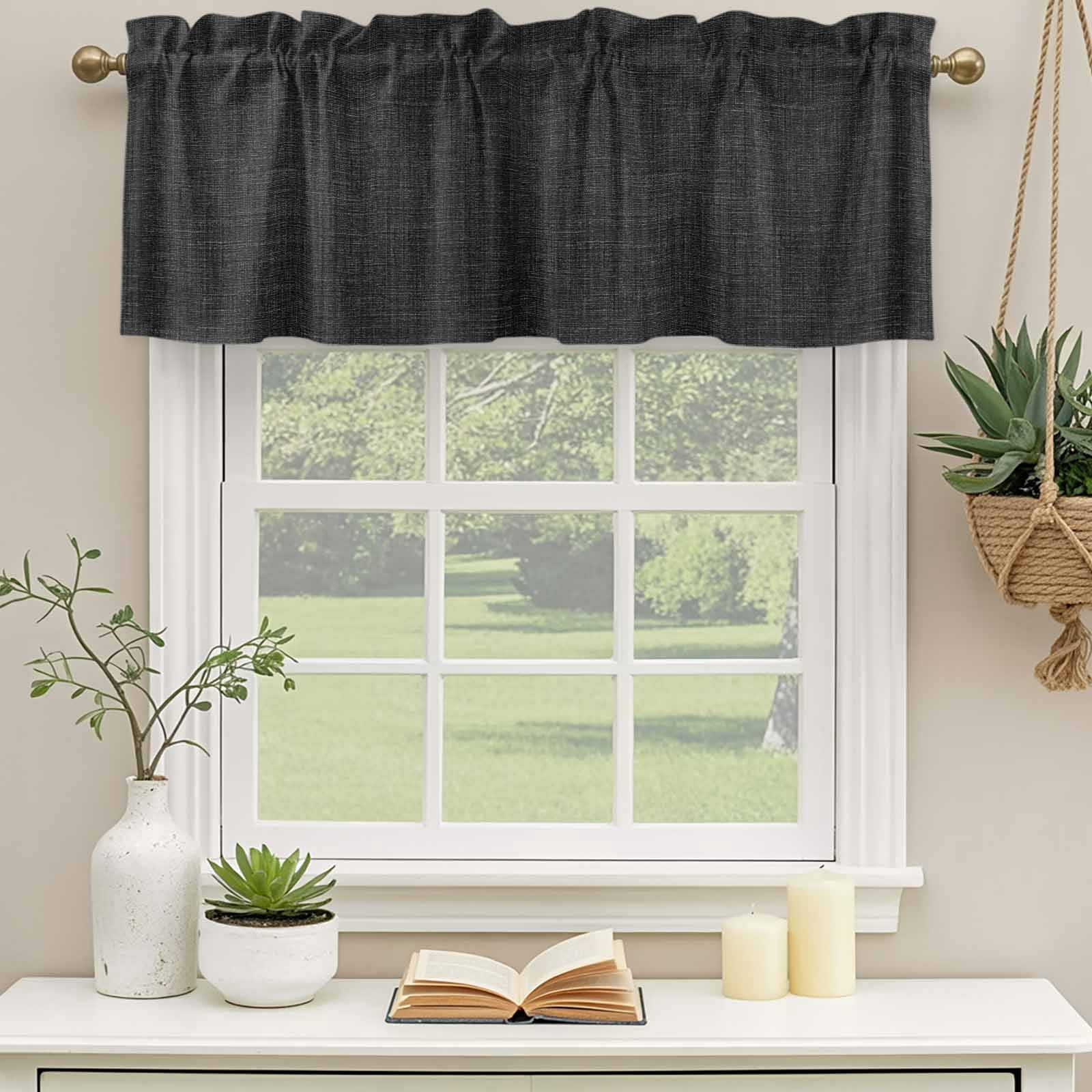 Valances for Windows, Black Burlap Texture Kitchen Curtains Valances 2 Pack for Living Room Bedroom Bathroom, Farmhouse Vintage Black Light Filtering Curtains Rod Pocket Valance 60"x18"