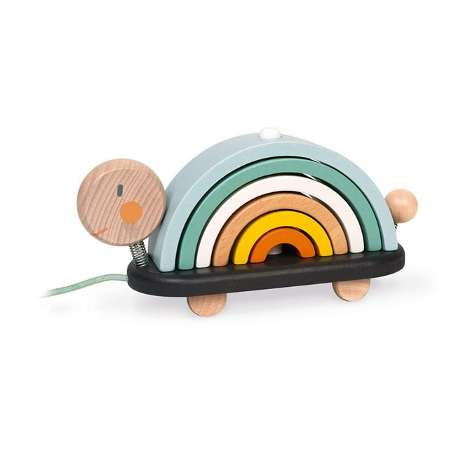 Janod - Tortuga arcoíris de madera Sweet Cocoon, juguete para apilar y tirar, 7 piezas para construir y anidar, con 6 arcos pastel, cabeza y cola oscilantes y cuerda - A partir de 18 meses - J0440
