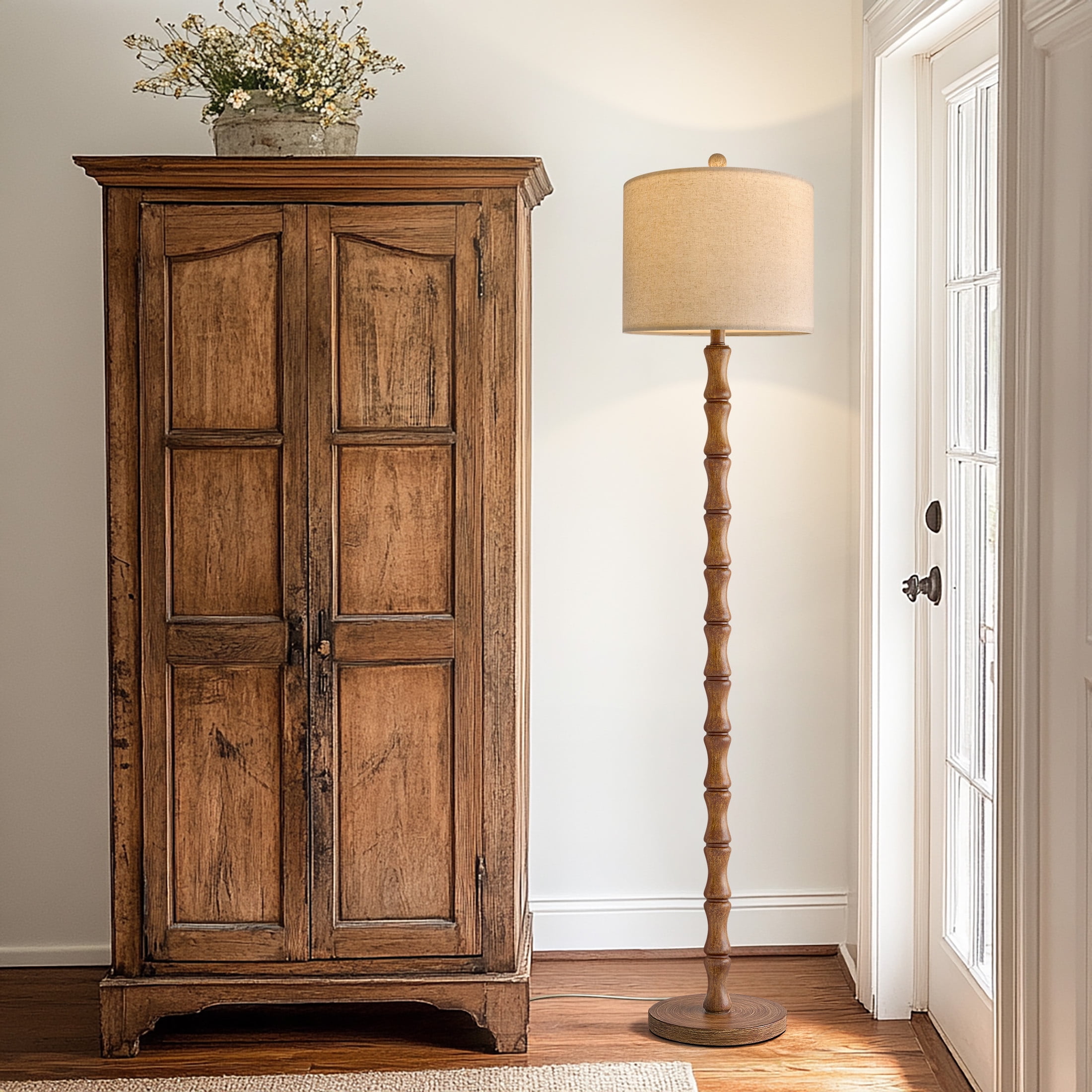 Oneach 62" Retro Floor Lamp for Living Room,Vintage Natural Wood Grain Tall Standing Lamp for Bedroom, Office,Decor