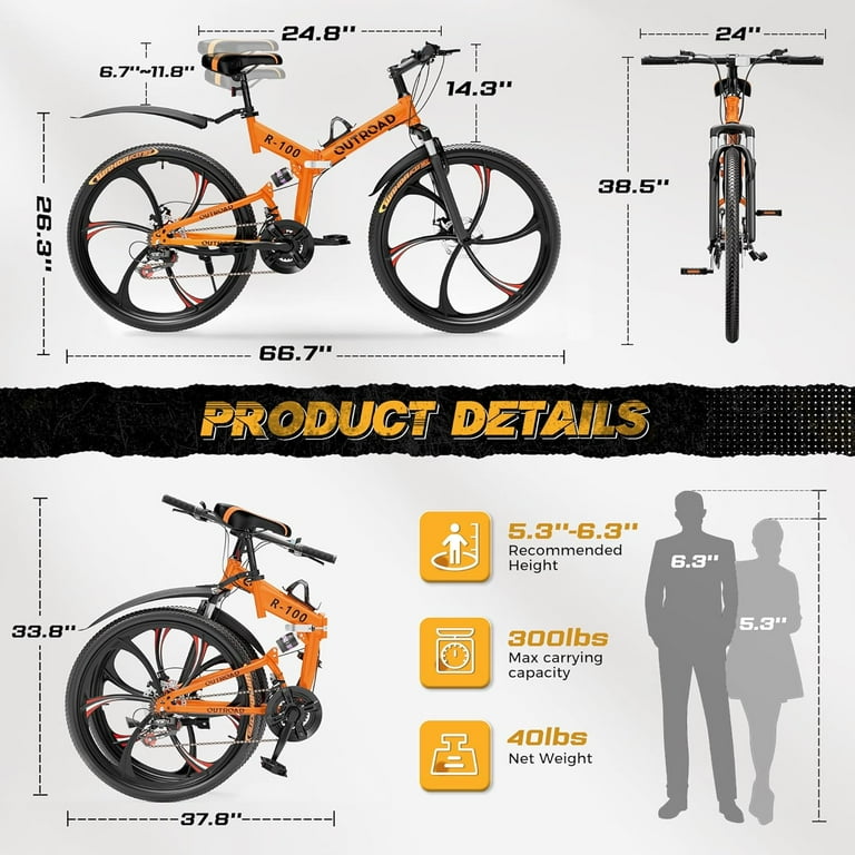 Outroad 26 Inch Folding Mountain Bike, 21 Speed Full Suspension High-Carbon Steel MTB Foldable Bicycle, Dual Disc Brake Non-Slip Folding Bikes for Adults/Men/Women, Black, Orange and Green - Walmart.com Outroad 26 Inch Folding Mountain Bike, 21 Speed Full Suspension High-Carbon Steel MTB Foldable Bicycle, Dual Disc Brake Non-Slip Folding Bikes for Adults/Men/Women, Black, Orange and Green - Walmart.com