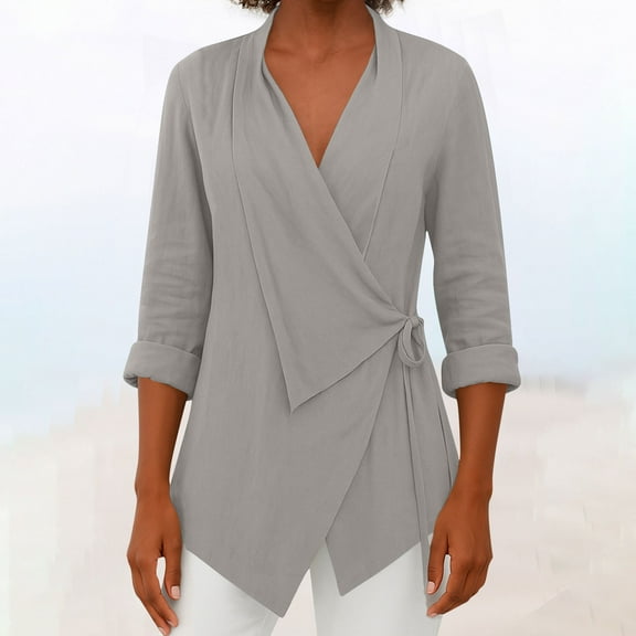 ClodeEU Women's V Neck Work Tops,Long Sleeve Waist Wrap Blouse Top ,Asymmetrical Elegant Shirts Gray,Womens Plus L