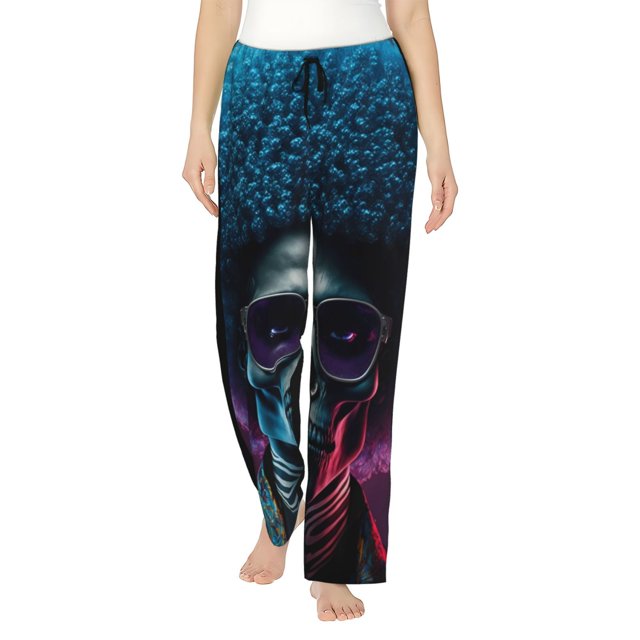 Fotbe Punk Style Blue Haired Skull Pantalones de Pijama para Mujer, Pantalones de Dormir, Pantalones Pj con Cordón y Bolsillos-Medium