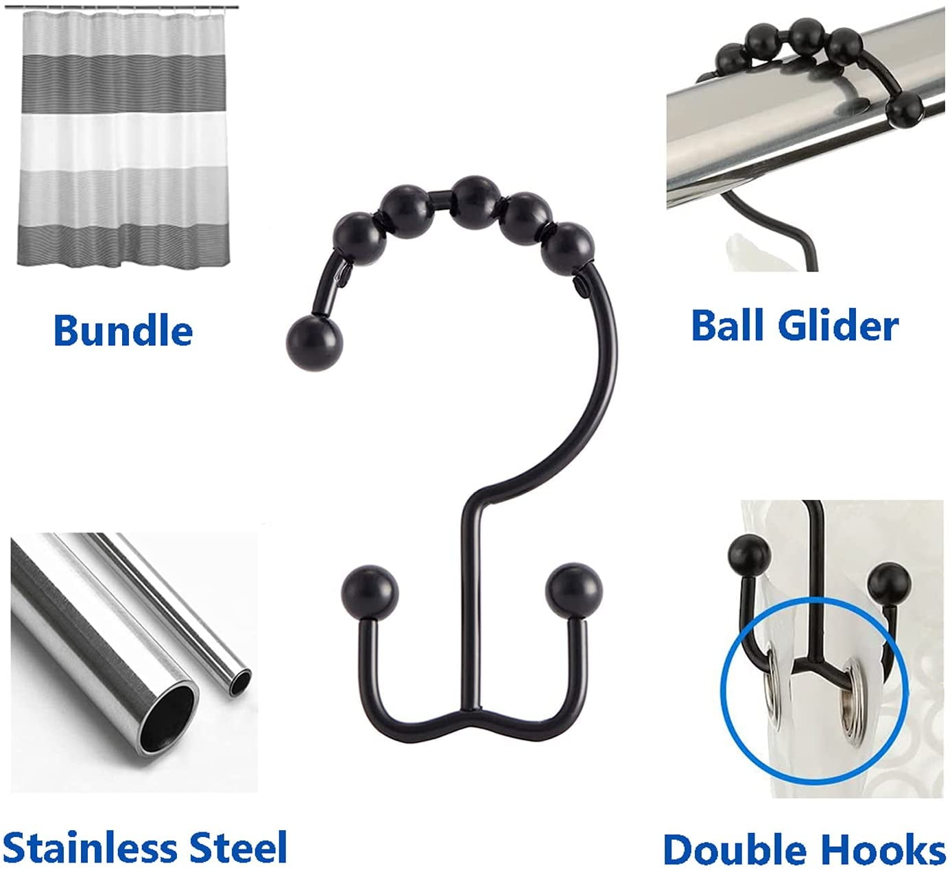 MKEUDQ-Shower Curtain Hooks Rings, Stainless Steel Double Glide Rollers Shower Curtain Rods Hooks for Bathroom, Set of 12 Hooks - Matte Black