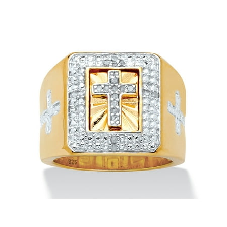 - Men's 1/10 TCW Diamond Cross Two-Tone Square Ring in 14k Gold over Sterling Silver