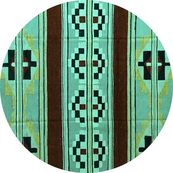 Ahgly Company Machine Washable Indoor Round Southwestern Turquoise Blue Country Area Rugs, 4' Round