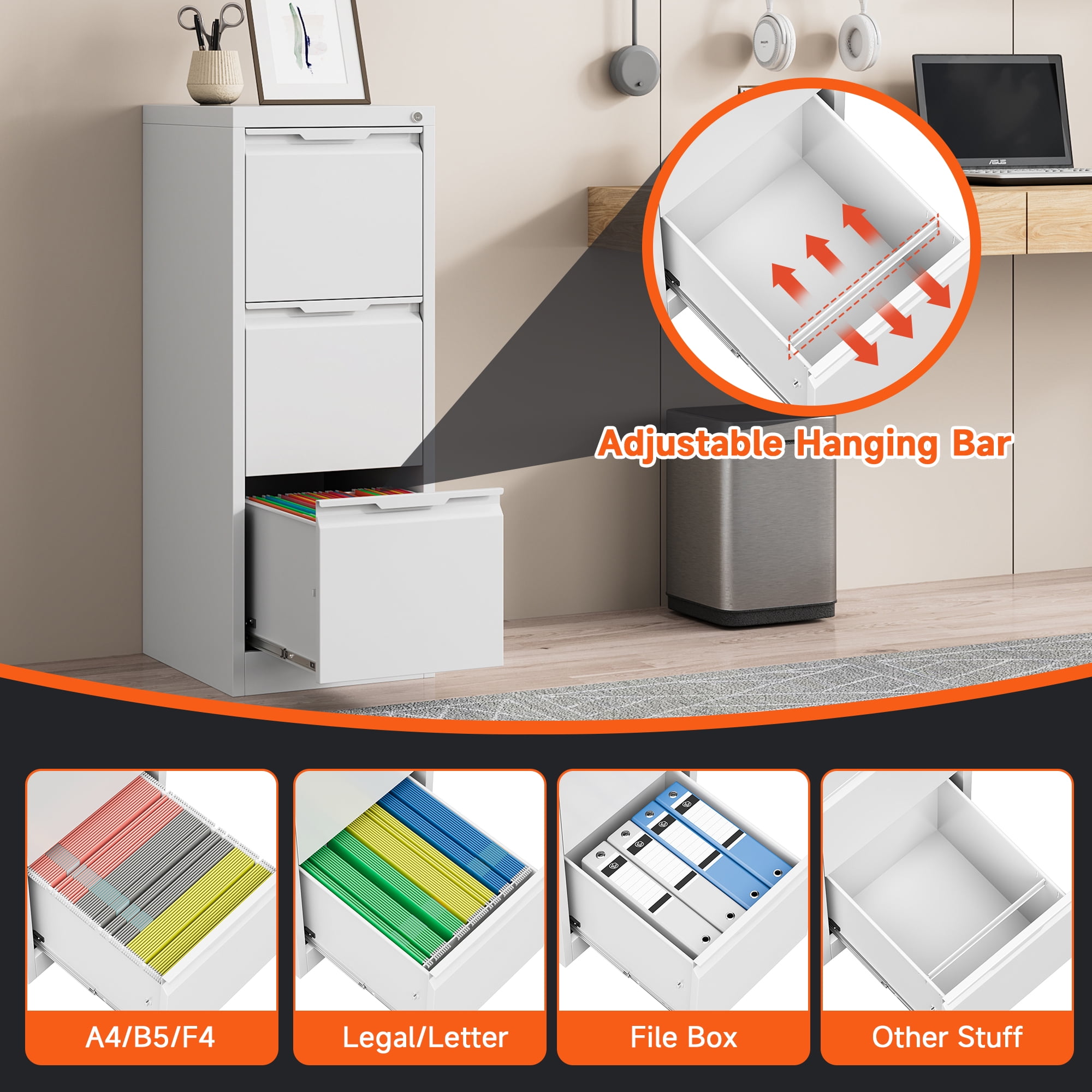 3 Drawer File Cabinet, 17.8" D Metal Filing Cabinets with Lock, Vertical Filing Cabinet for Home Office, Steel File Cabinet for Letter/Legal/A4/F4 Size, Requires installation (White)