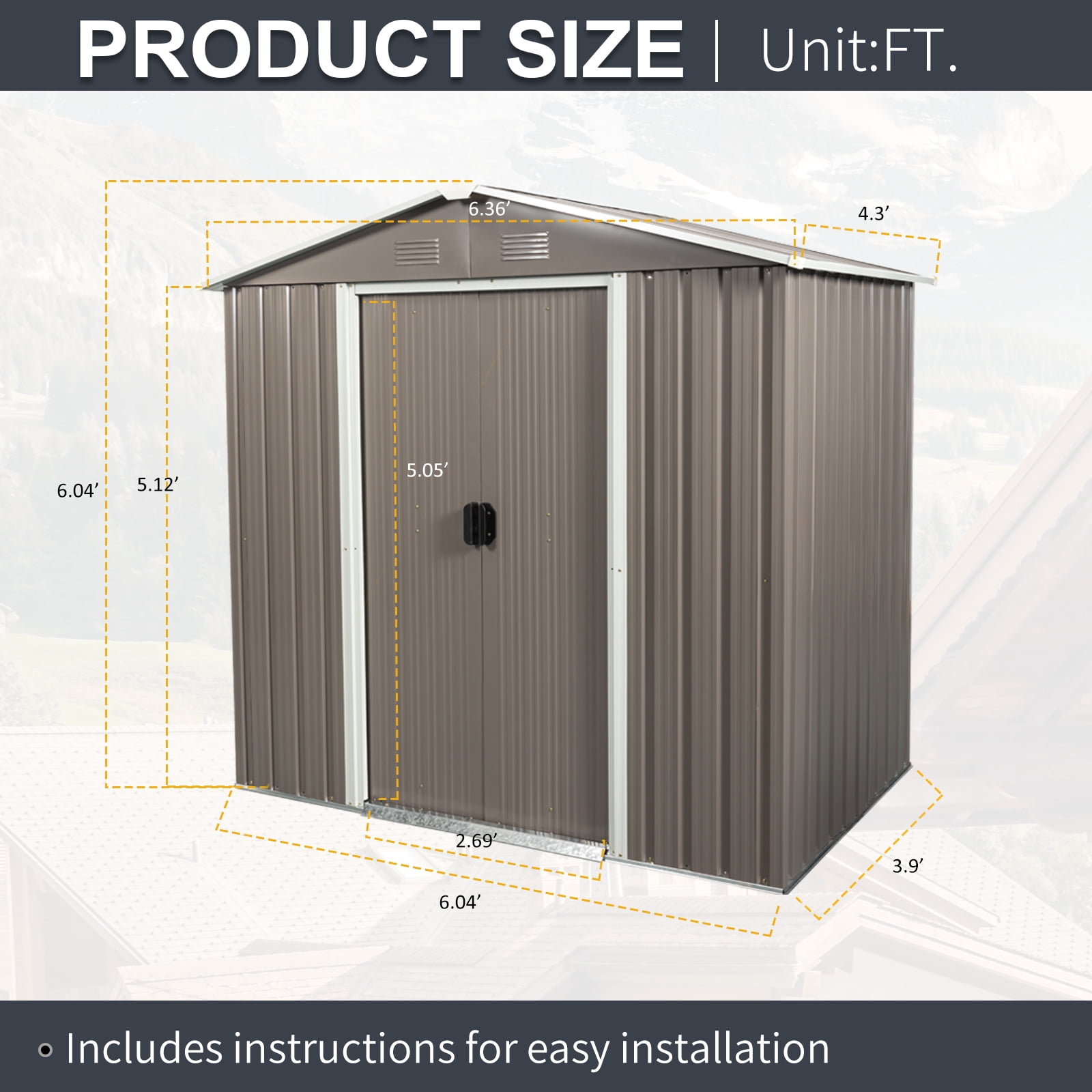 CarButler 6x5ft Metal Outdoor Storage Shed with Lockable Sliding Doors for Garden Backyard Patio Lawn Gray
