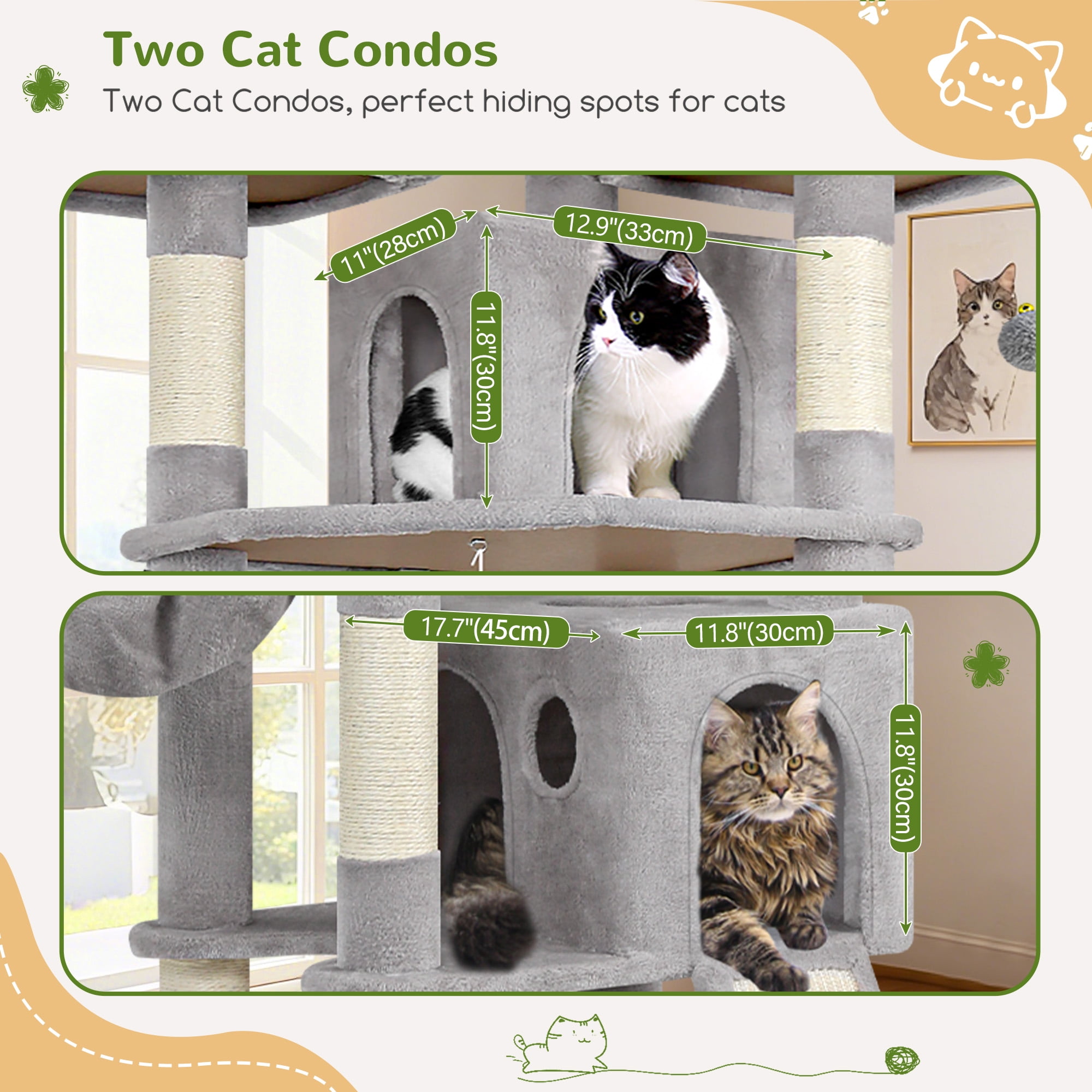 Globlazer 83'' Multi-Level Large Cat Tree Tower for Indoor Cats with Sisal Scratching Post, Hammock & 2 Condos,Light Gray Globlazer 83'' Multi-Level Large Cat Tree Tower for Indoor Cats with Sisal Scratching Post, Hammock & 2 Condos,Light Gray - Image 2