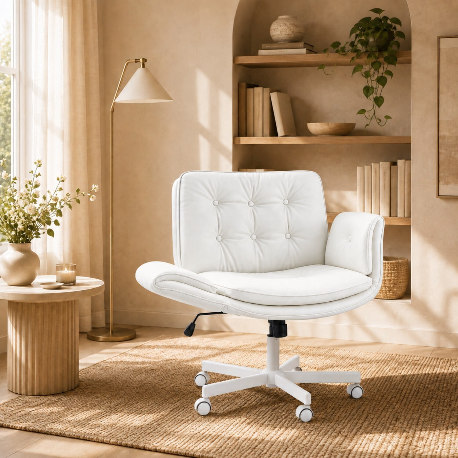 Easy4Home Criss Cross Office Chair with Wheels and Adjustable Armrests, Wide Seat PU Leather Swivel Computer Desk Chair, White