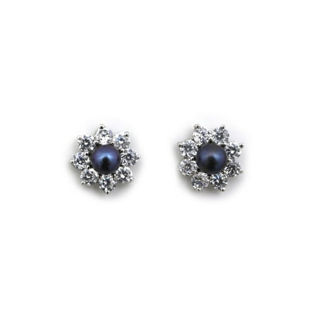- 14k Yellow or White Gold AAA Dyed Black Freshwater Cultured Pearl Stud Earrings CZ Halo Earring Jackets