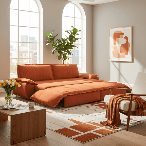 FurnitureR 73.2" 3-in-1 Convertible Sleeper Sofa Bed, Queen Size Pull Out Loveseat with Soft Corduroy Fabric and 2 Pillows, Modern Multi-Functional Couch for Living Room, Orange