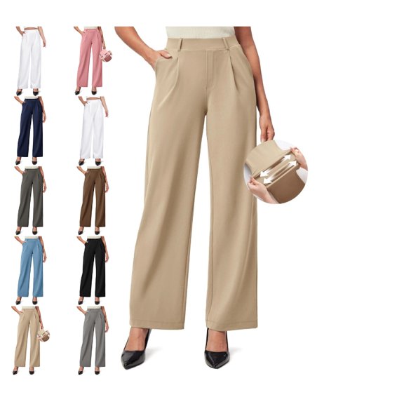 Stretchy Work Pants Slacks for Women Wide Leg Dress Pants Pull On Business Casual Pants Trousers with Pockets 2025 Khaki L