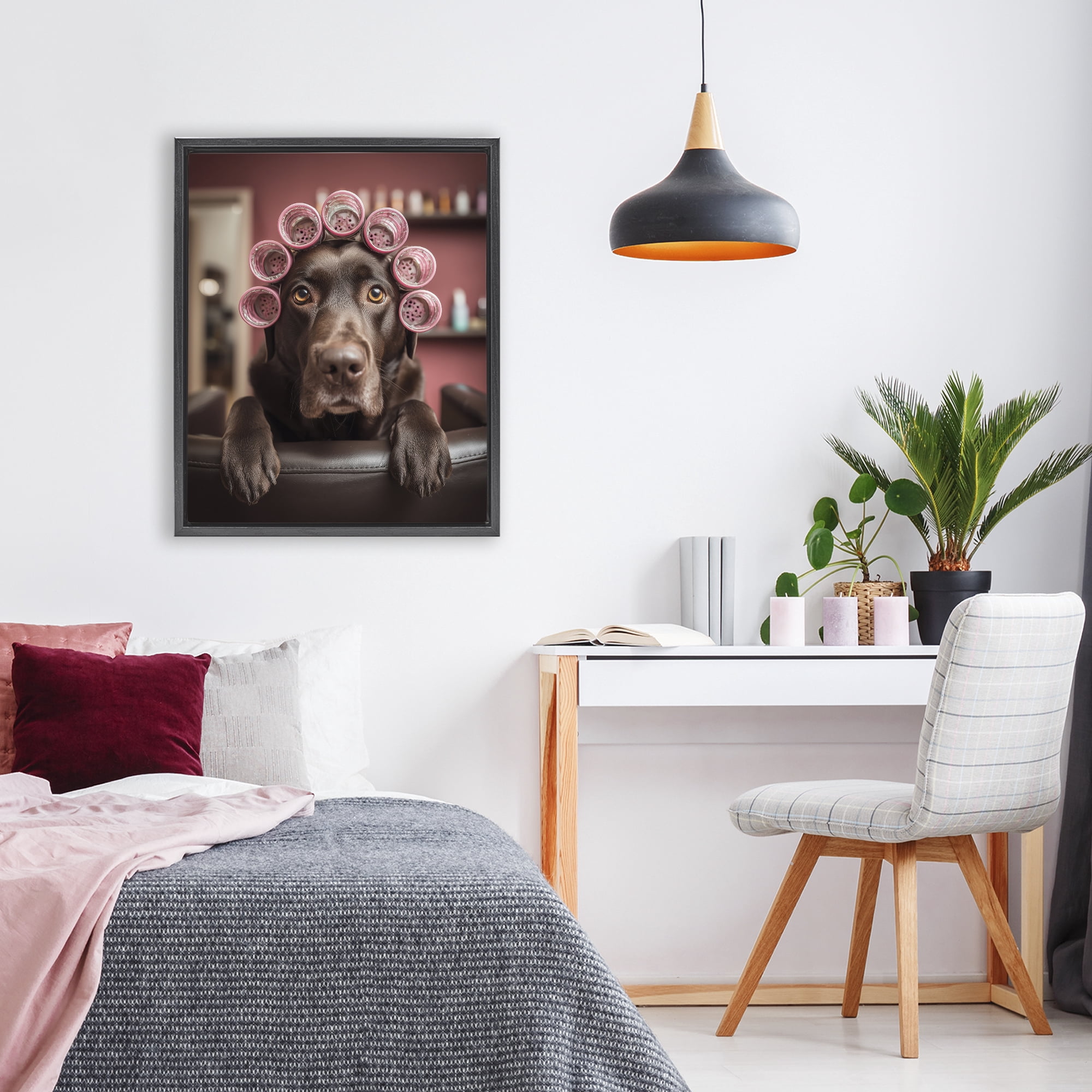 Stupell Industries Dog at Salon with Curlers Black Framed Floater Canvas Wall Art, design by Scott Stulberg