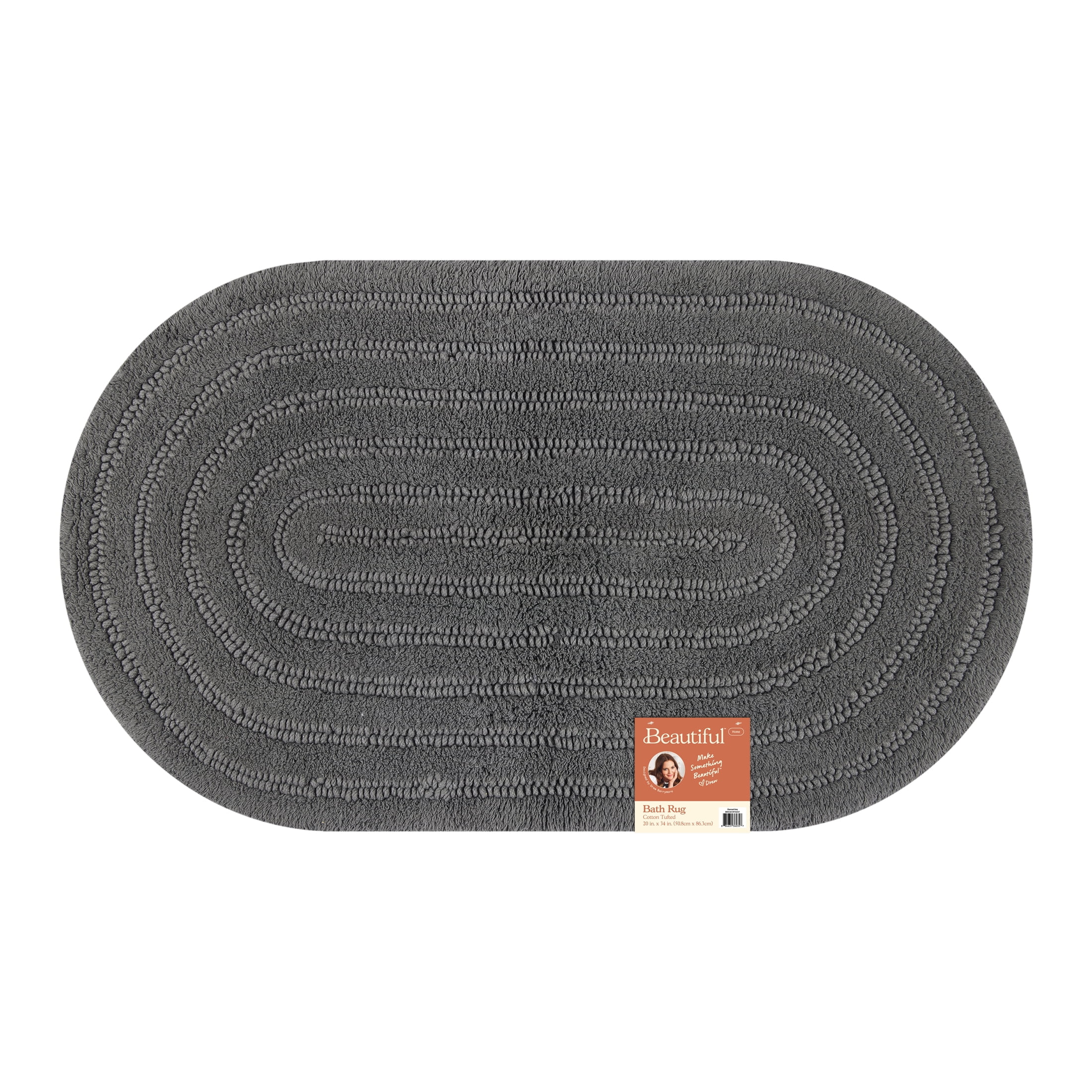 Beautiful Oval Cotton Bath Rug by Drew Barrymore, Charcoal Gray, 20 in x 34 in