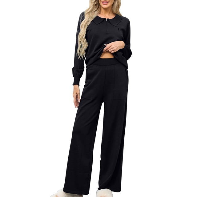 Timegard Ensemble 2 Pcs pour Femmes Manches Longues Fermeture Éclair Col Rond Hauts Pantalons Larges avec Poches