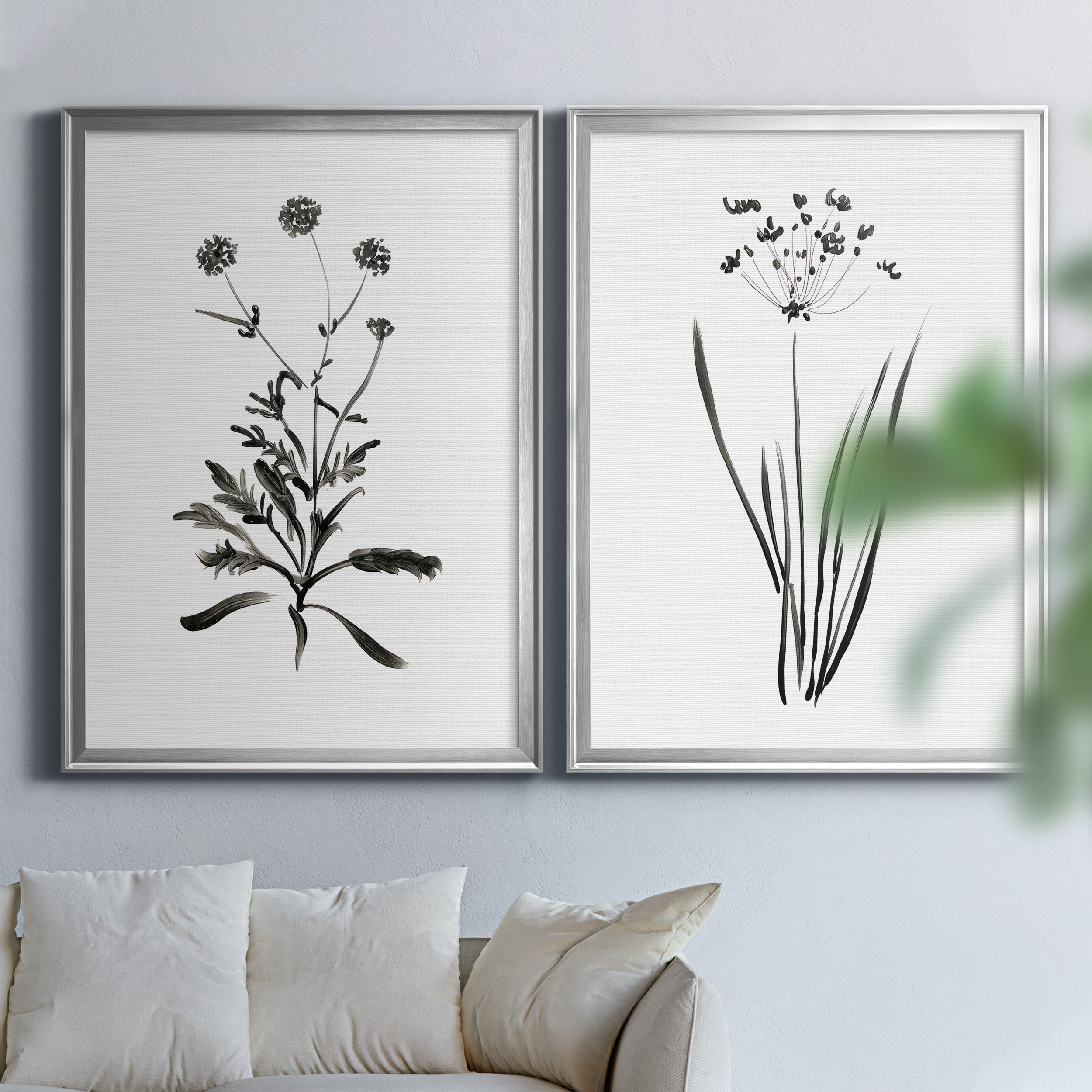 2 Piece Set Inky Botanical I Premium Framed Canvas - Ready to Hang - 26.5 x 36.5 Each - Silver Frame
