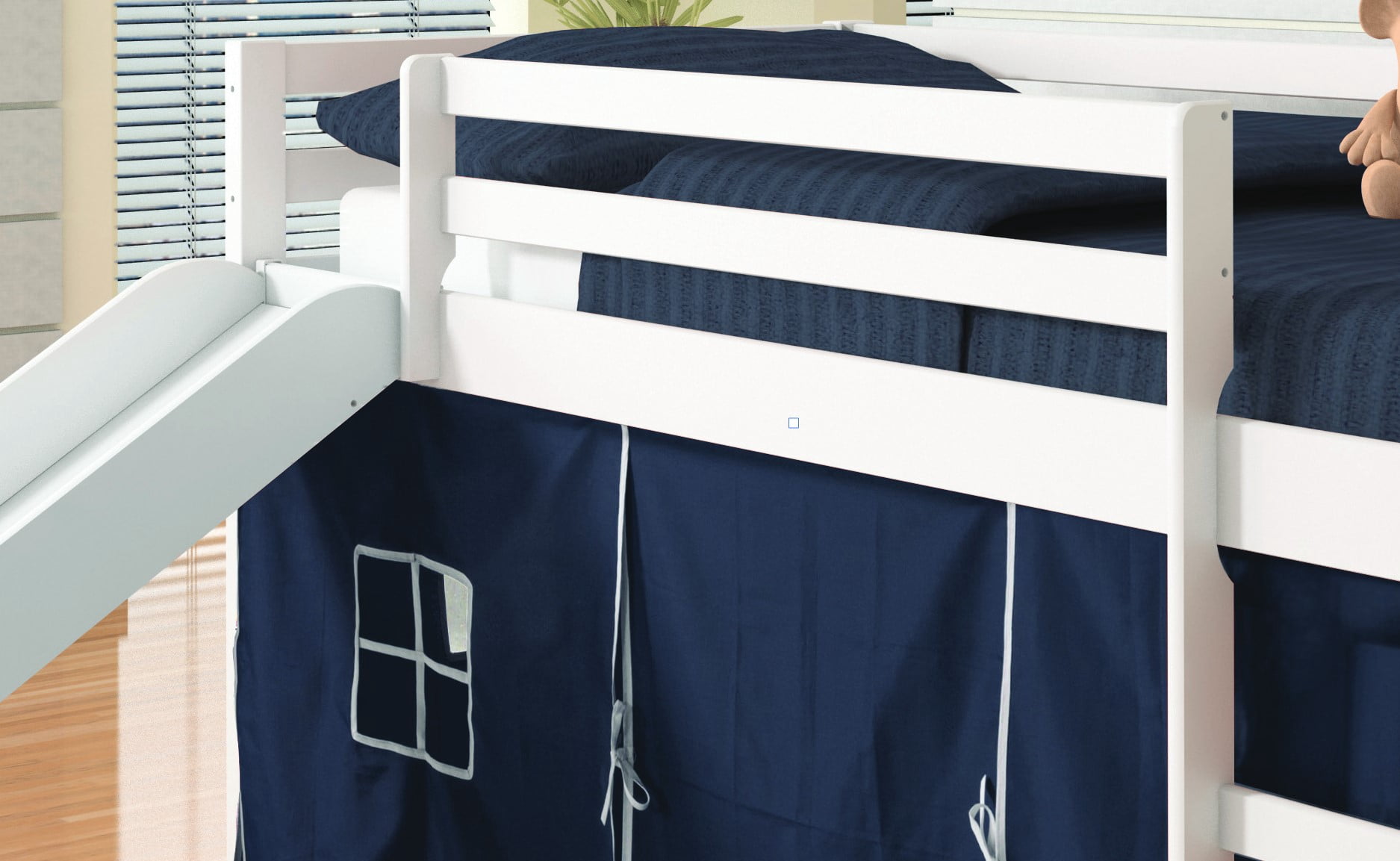 Donco Kids Twin Loft Bed with Blue Tent and Slide, White