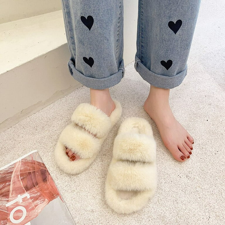 PIKADINGNIS Luxury Winter House Women Fur Slippers Fuzzy Cross Band Open  Toe Girls Shoes Non-slip Indoor Bedroom Ladies Fluffy Slippers