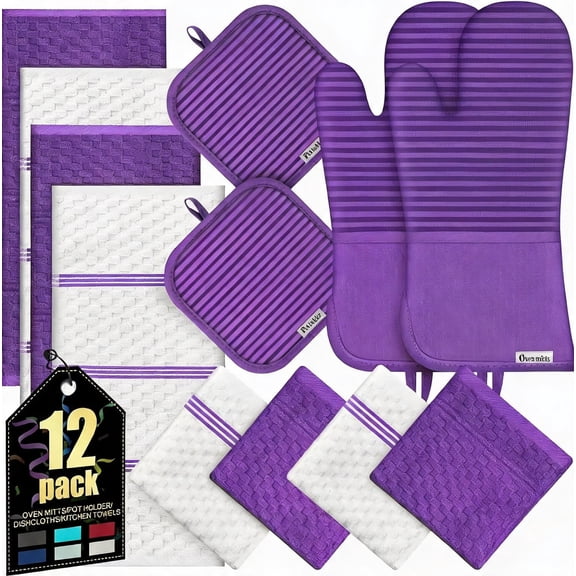 Oven Mitts Set with Pot Holders Kitchen Towels and Dishcloths 500 ° F Heat Resistant Silicone Grip Purple