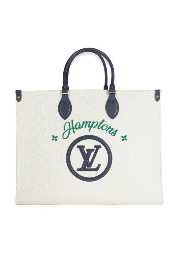 Pre-Owned Louis Vuitton Blue Beige Jacquard Embroidered Tufted Monogram Hamptons Onthego GM