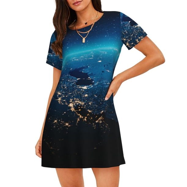 Easygdp Planet Earth Camisón de manga corta para mujer, informal, estampado