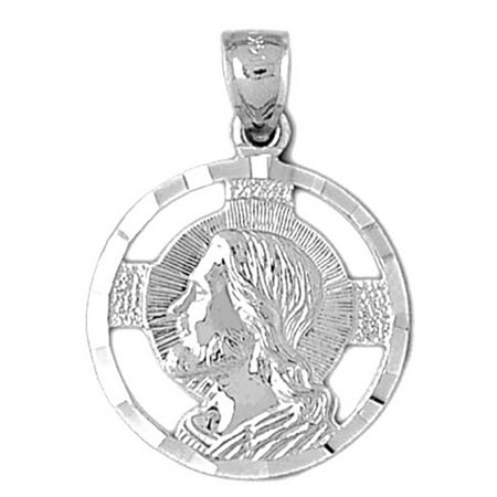 14K White Gold Jesus Medal Pendant - 30 mm