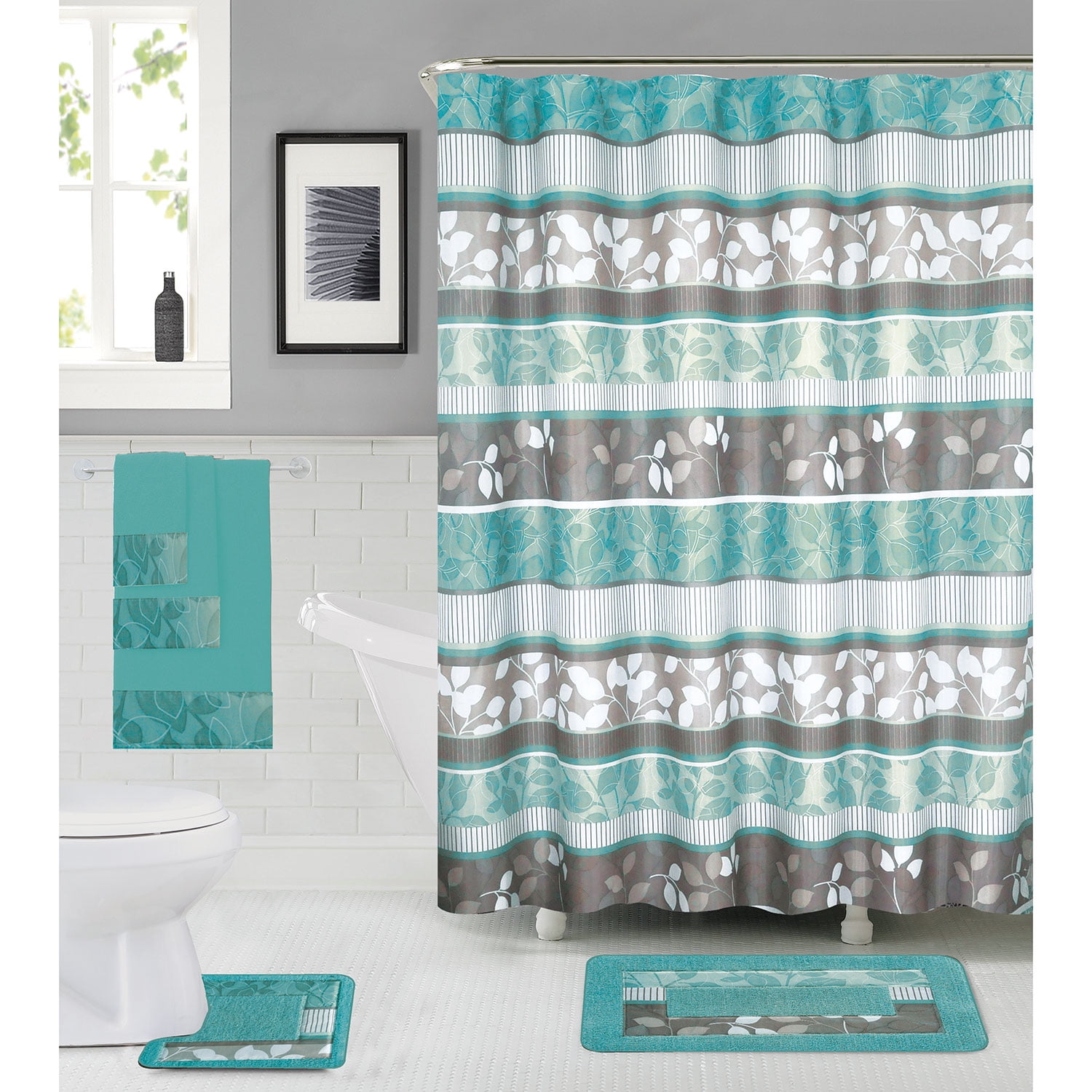 Junia 18 Piece Leaf Banded Bath Rug, Shower Curtain and Towel Set, Aqua