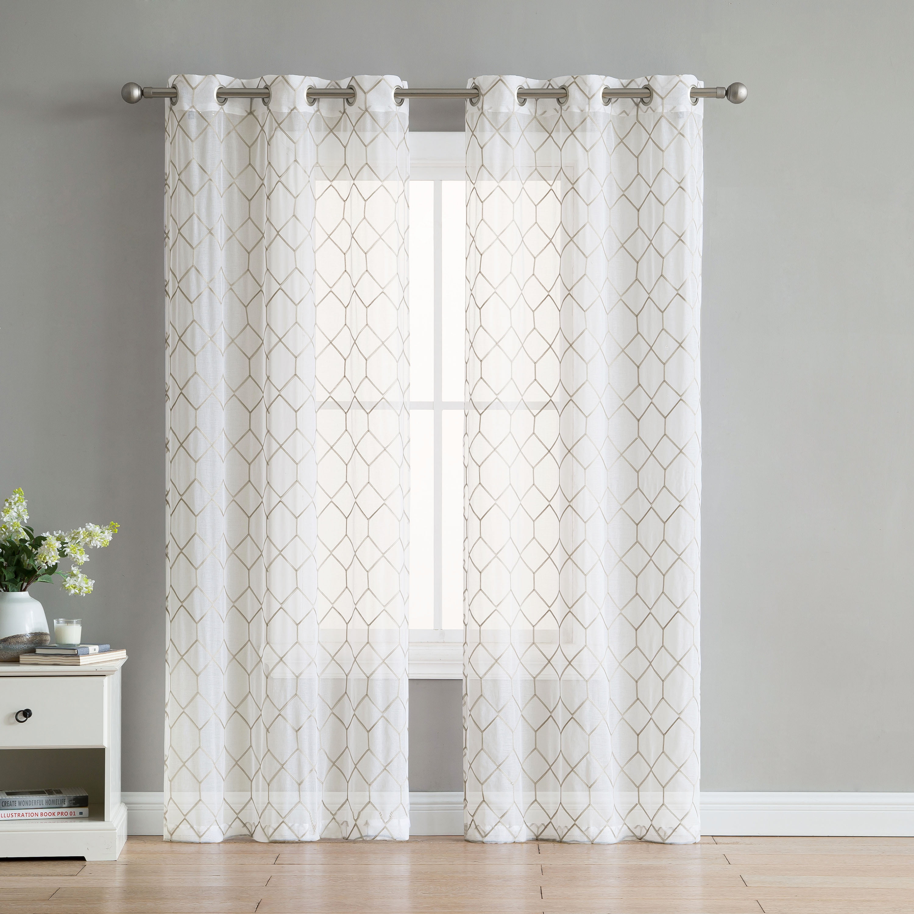 Gray Embroidered Floral Lattice Design 96" Long 2  White Sheer Window Curtains 
