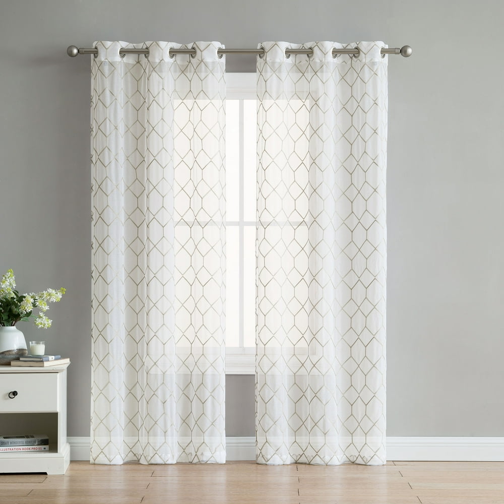 Set of Two (2) White Sheer Window Curtains Gold/Taupe Embroidered
