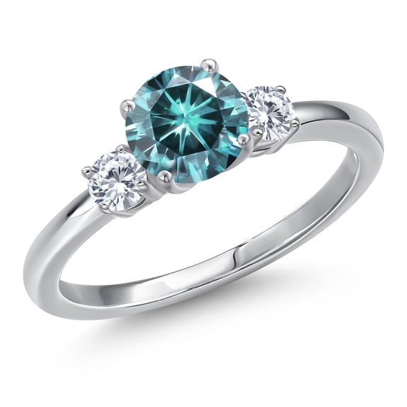 Gem Stone King 14K White Gold Blue Moissanite and Moissanite Engagement Ring for Women | 1.20 Cttw | Round 6.5MM | Gemstone Birthstone | Size 7