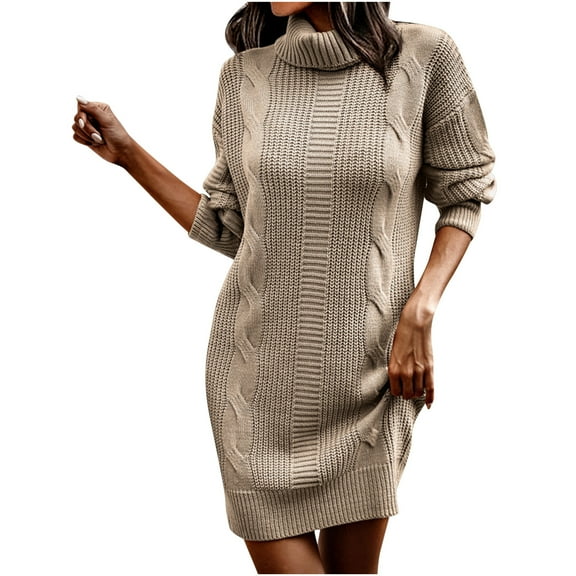 Lilgiuy Women Casual Solid Pullover Long Sleeve Round-Neck Sweater Dress Khaki Fall Dresses for 2022 Spring Winter