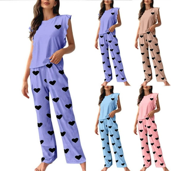LOVZFMLL Pajama Sets for Women 2 Piece Ruffle Heart Print Sleeveless Tops and Pants Lounge Sets Comfy Soft Sleepwear Loungewear
