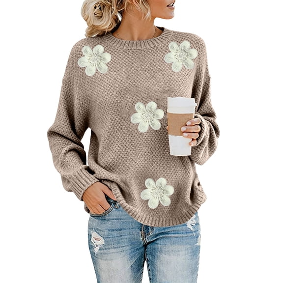 Women's Embroidered Beaded 3D Floral Sweater, Machine Knit Crewneck Pullover, Dimensional Floral Applique Blouse, Elegant Floral Embroidery Top, Holiday Party Sweater for Women Beige L
